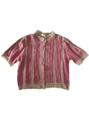 Vintage Pink Linen Button Front Crochet Trim Blouse